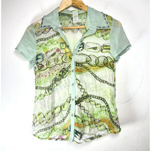 Vintage 90's Y2K Feline silk blend sheer button top green button up collar Small